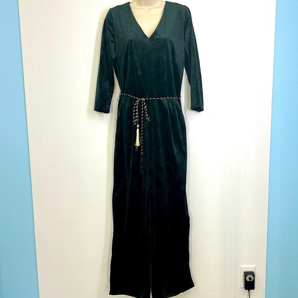 Soft Surroundings - Leelah Dark Green Embossed Floral Velvet Jumpsuit Size Small